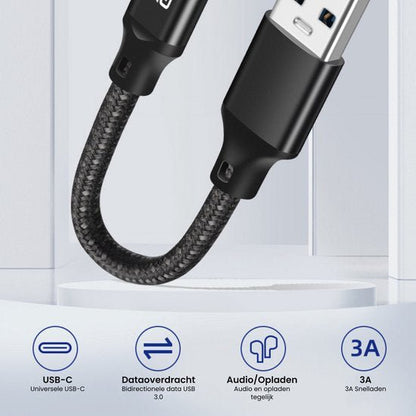 kort zwarte gevlochten usb-kabel met usb-c en usb-a connectoren en technische iconen