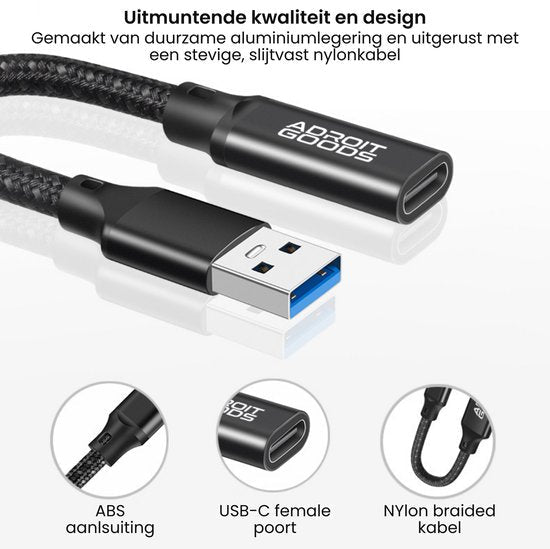 Zwarte nylon gevlochten kabel met USB-A en USB-C female poorten van aluminiumlegering