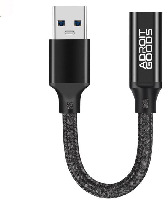 zwarte gevlochten USB verlengkabel met metalen connectors en AdroitGoods branding