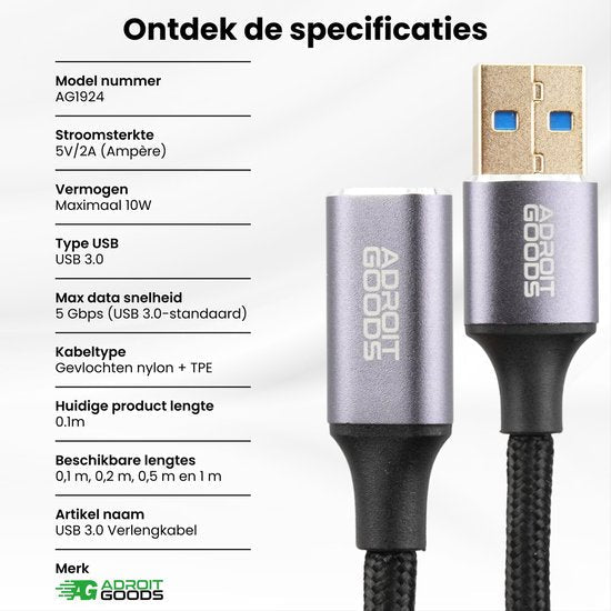 USB 3.0 verlengkabel met gevlochten nylon, 5 Gbps snelheid en maximaal 10W vermogen