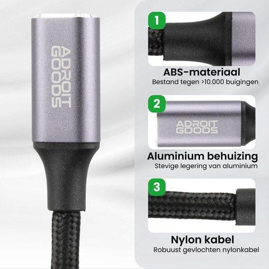 AdroitGoods kabel met ABS-materiaal, aluminium behuizing en robuuste nylon kabel.
