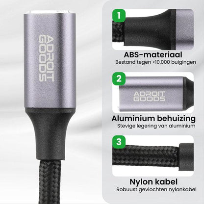 AdroitGoods kabel met ABS-materiaal, aluminium behuizing en robuuste nylon kabel.