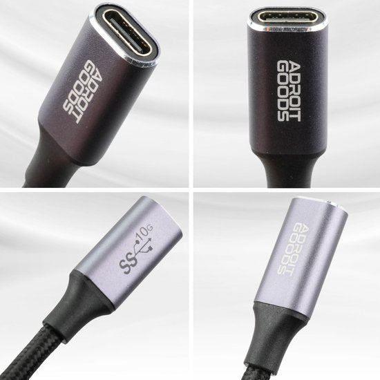 Vier close-up beelden van USB-C en USB-A kabeluiteinden met AdroitGoods logo in grijze behuizing