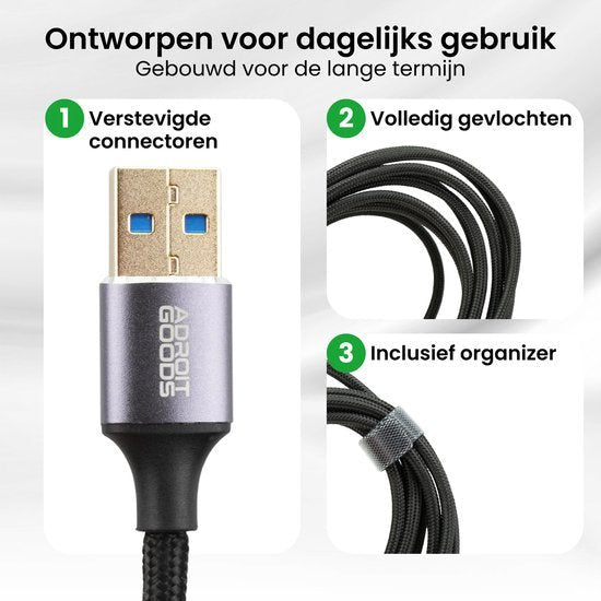 USB-kabel met versterkte connectoren, volledig gevlochten en voorzien van organizer bandje