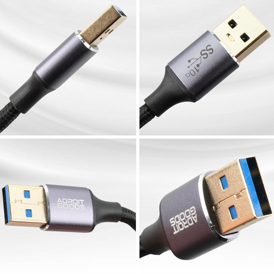 close-up van vier beelden van USB-kabel met metalen behuizing en gevlochten kabel in neutrale achtergrond