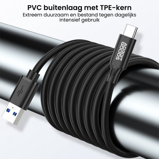 Zwarte usb-c kabel met duurzaam pvc buitenlaag en TPE-kern voor intensief dagelijks gebruik