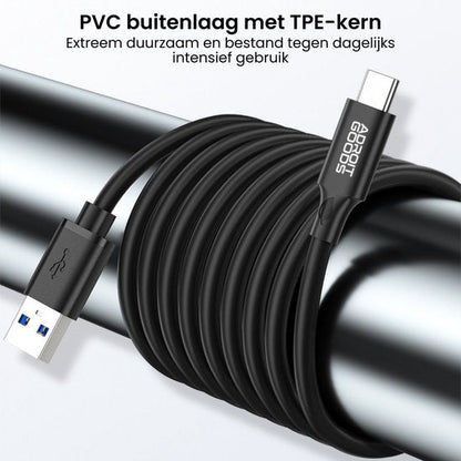 Zwarte usb-c kabel met duurzaam pvc buitenlaag en TPE-kern voor intensief dagelijks gebruik