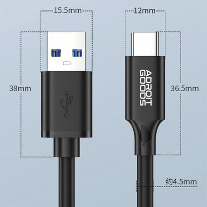 Zwarte USB-A naar USB-C kabel met afmetingen en merk Adroit Goods duidelijk zichtbaar