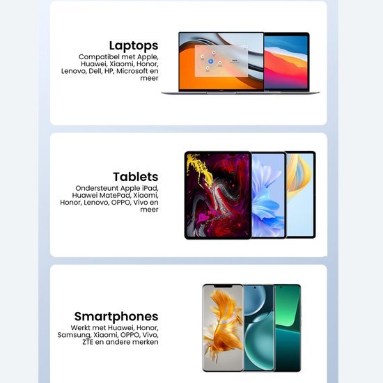 Drie secties met compatibele laptops, tablets en smartphones van diverse bekende merken weergegeven.