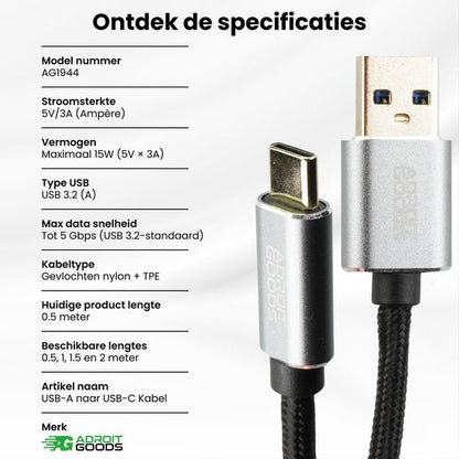 USB-A naar USB-C kabel met gevlochten nylon en TPE in verschillende lengtes zichtbaar naast specificatieslijst