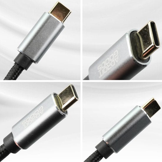 Close-up foto's van een aluminium USB-C kabelconnector met gevlochten kabelmantel