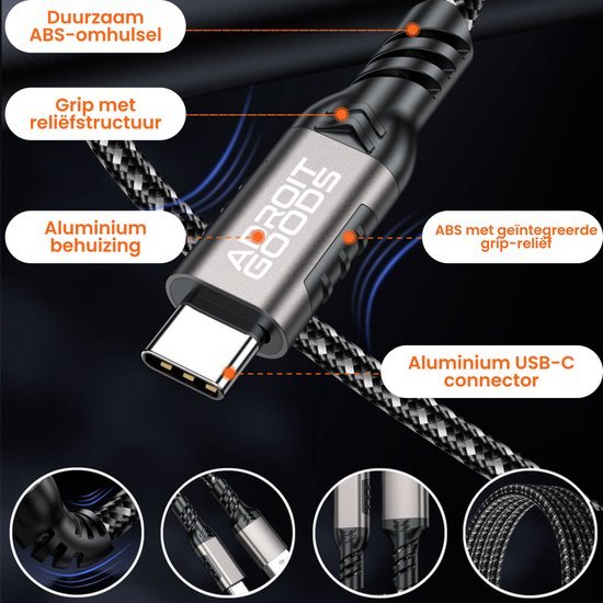 USB-C kabel met aluminium behuizing en duurzame ABS-omhulsel en grip met reliëfstructuur