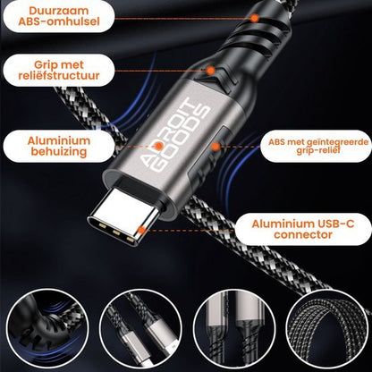 USB-C kabel met aluminium behuizing en duurzame ABS-omhulsel en grip met reliëfstructuur