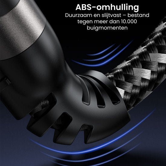 Detail van zwarte ABS-omhulling en gevlochten kabel met hoge duurzaamheid en buigweerstand