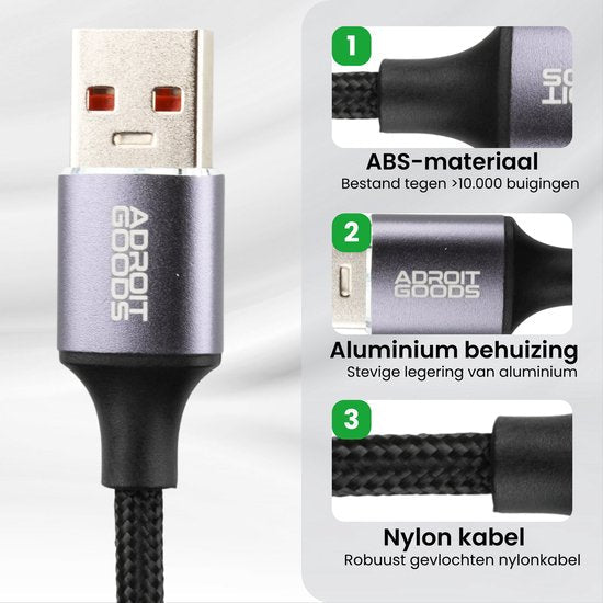 Usb-kabel met ABS-materiaal, aluminium behuizing en robuuste gevlochten nylon kabel