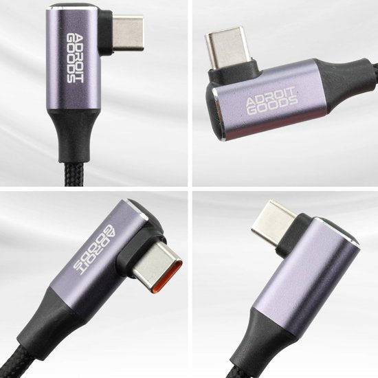 Close-up van paars-metalen USB-C connectoren met zwarte kabel en AdroitGoods branding