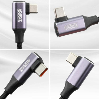 Close-up van paars-metalen USB-C connectoren met zwarte kabel en AdroitGoods branding