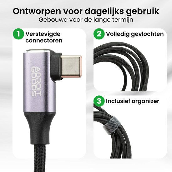 Dichtbij beeld van een versterkte USB-C connector en volledig gevlochten zwarte kabel met organizerband