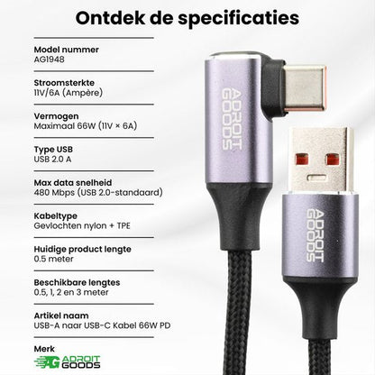 USB-A naar USB-C kabel met nylon gevlochten hoes en 66W vermogen specificaties in beeld