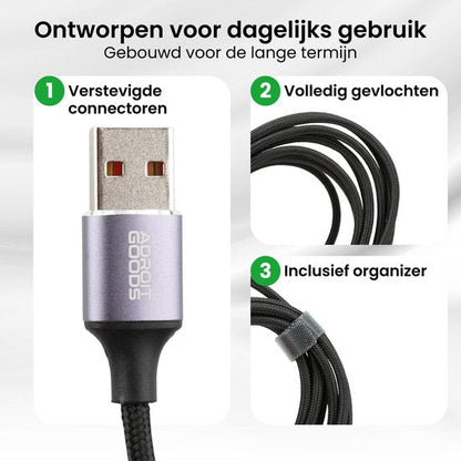 USB-kabel met verstevigde connector, volledig gevlochten kabel en organizer voor dagelijks gebruik.