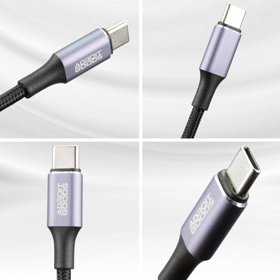 Gesorteerde close-up beelden van paarsgrijze USB-C kabel met nylon gevlochten hoes en AdroitGoods logo.