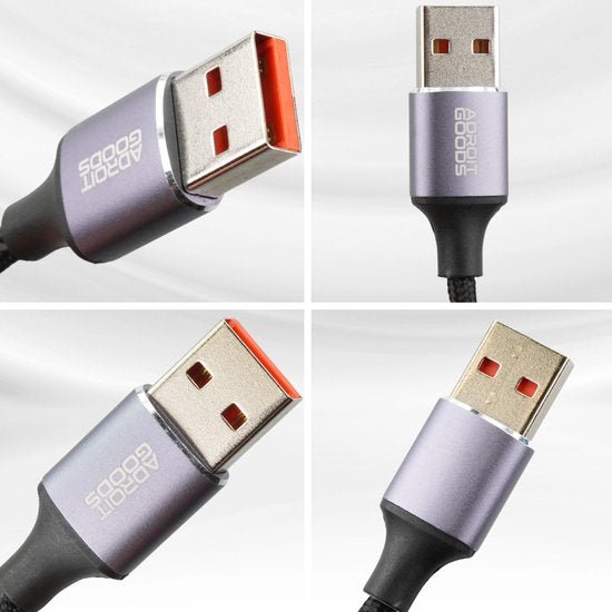 Close-up beelden van een USB-kabel met metallic behuizing en opvallende rode accenten