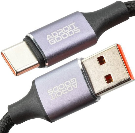 USB-A en USB-C connectoren met metalen behuizing en gevlochten kabel in grijs zwart
