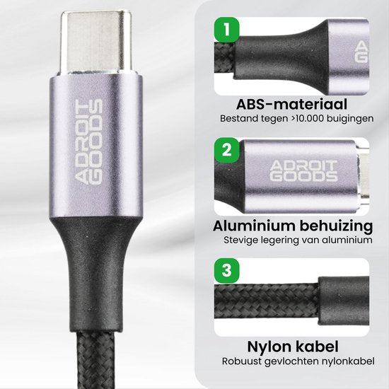 Close-up van een USB-C kabel met AdroitGoods logo en details van materialen en constructie