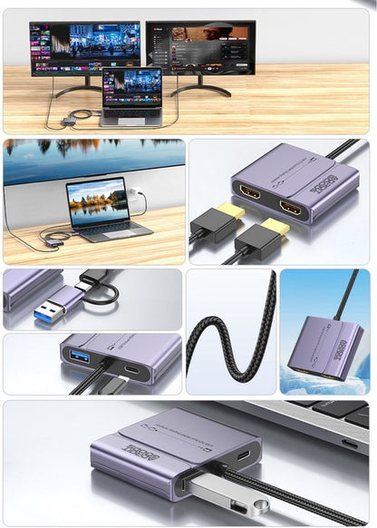 Lila aluminium adapter met dubbele HDMI, USB en USB-C aansluiting voor laptop en beeldschermen