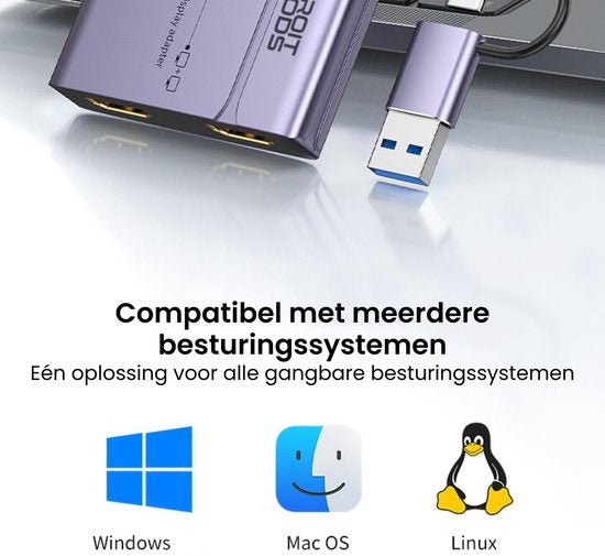 USB-adapter met meerdere poorten aangesloten op laptop, compatibel met diverse besturingssystemen
