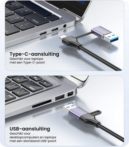 Twee kabels met Type-C en USB aansluiting naast laptoppoorten voor verbinding en opladen