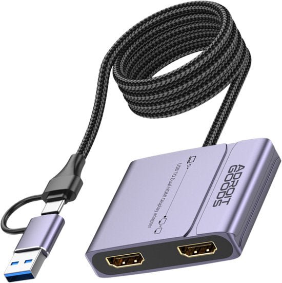 Adapter met zwarte gevlochten kabel en twee HDMI-uitgangen in een paarse behuizing