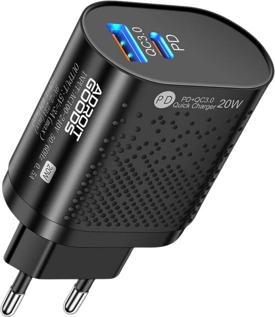 Zwarte compacte oplader met twee poorten, USB-A en USB-C, en blauwe binnenkant.