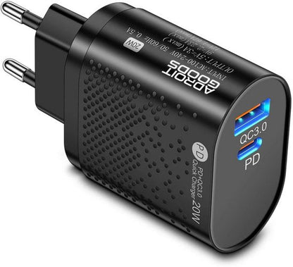 zwarte compacte USB oplader met twee poorten en Europese stekker voor snel laden