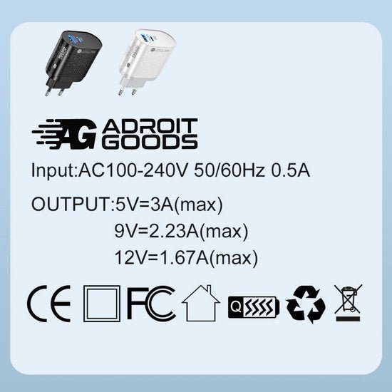 Twee compacte opladers in zwart en wit met specificaties en keurmerken van AdroitGoods