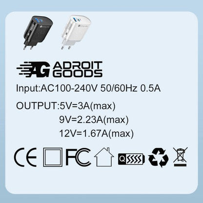 Twee compacte opladers in zwart en wit met specificaties en keurmerken van AdroitGoods