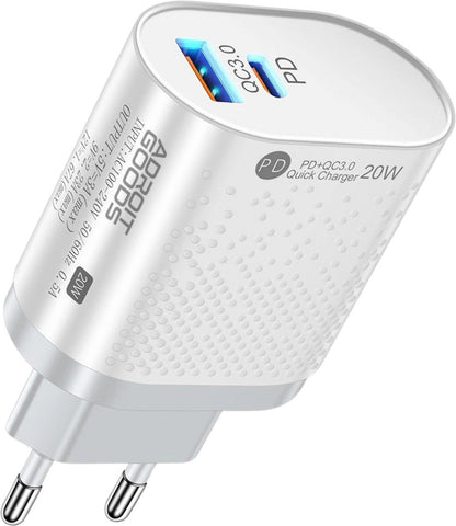 witte dubbele oplader met usb-c en usb-a poorten en snelle 20W laadfunctie