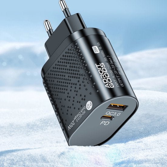 Zwarte oplader met Europese stekker en dubbele USB-poorten voor snel laden in sneeuwomgeving