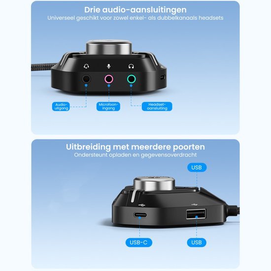 Zwart audioconsole met drie aansluitingen en extra USB- en USB-C-poorten voor uitbreiding