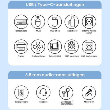 Pictogrammen van verschillende USB, Type-C en 3,5 mm audio-aansluitingen en apparaten.