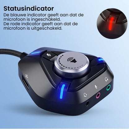 Driedelig audioapparaat met statusindicatoren in blauw en rood voor microfooncontrole