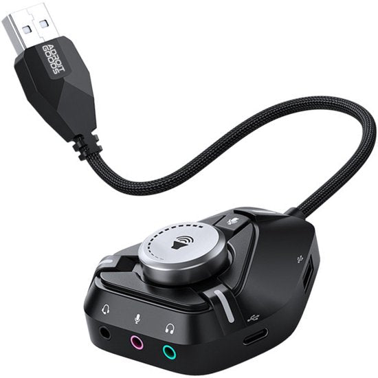 USB audio-adapter met volumeknop en audiopoorten in zwarte kleur met gevlochten kabel