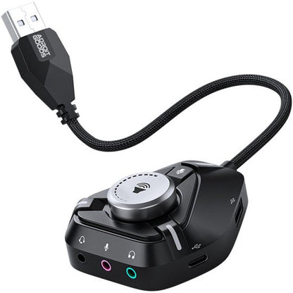 USB audio-adapter met volumeknop en audiopoorten in zwarte kleur met gevlochten kabel
