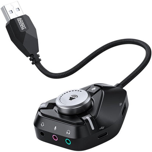 USB audio-adapter met volumeknop en audiopoorten in zwarte kleur met gevlochten kabel