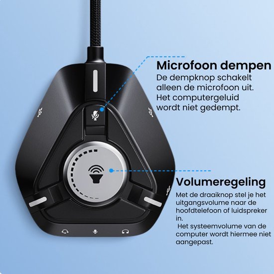 Zwarte bedrade audio interface met microfoon dempen en volumeregeling knoppen in moderne stijl
