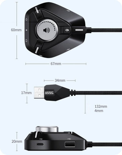 zwart audio bedieningspaneel met knoppen en USB-kabel met afmetingen in millimeters weergegeven