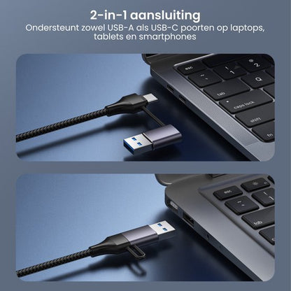 USB-kabel met 2-in-1 aansluiting voor USB-A en USB-C op laptop en tablet aansluitend
