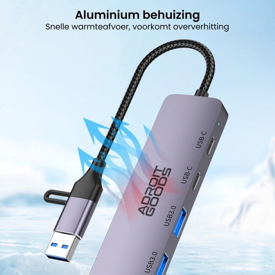 Adapter met aluminium behuizing en USB-poorten voor snelle warmteafvoer en koeling