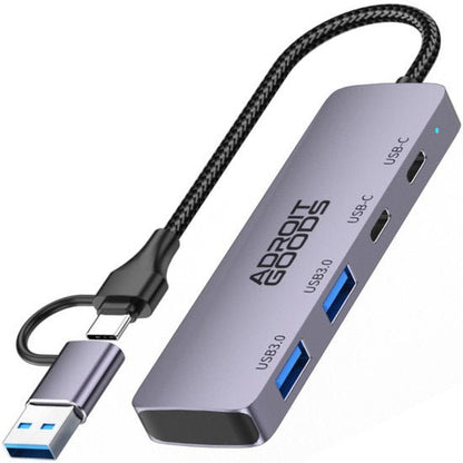 grijs metallic USB hub met meerdere USB-C en USB 3.0 poorten en gevlochten kabel
