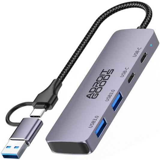 grijs metallic USB hub met meerdere USB-C en USB 3.0 poorten en gevlochten kabel